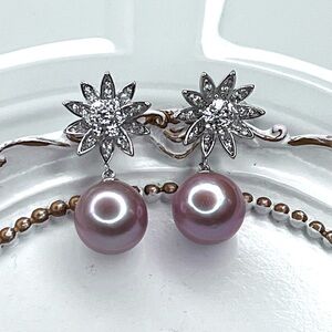 Handmade Freshwater Round Edison Pink Pearl Crystal Flower 🌺 Earrings 11mm